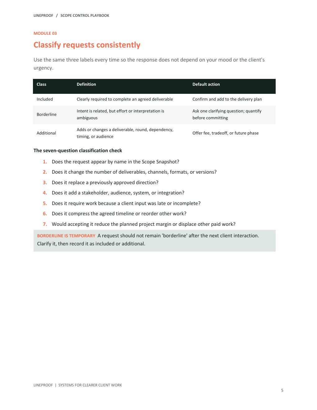 Page from the Scope Control Playbook showing the seven-question classification check